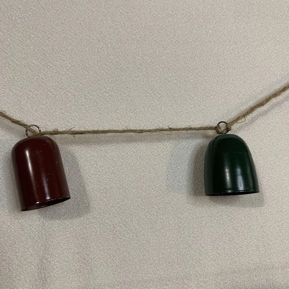 Jingle Bells Garland Christmas Holiday 2 Set Metal Green Maroon Rustic Jute New